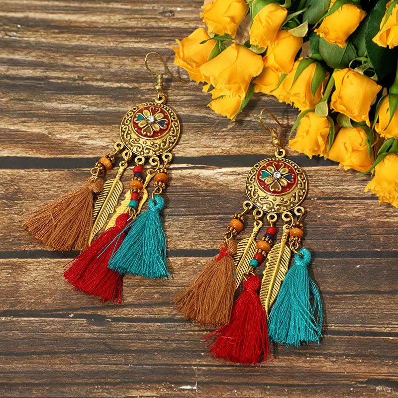 Wholesale Alloy Diamond Cut Bohemian Tassel Earrings Ethnic Style Fashion Accessory