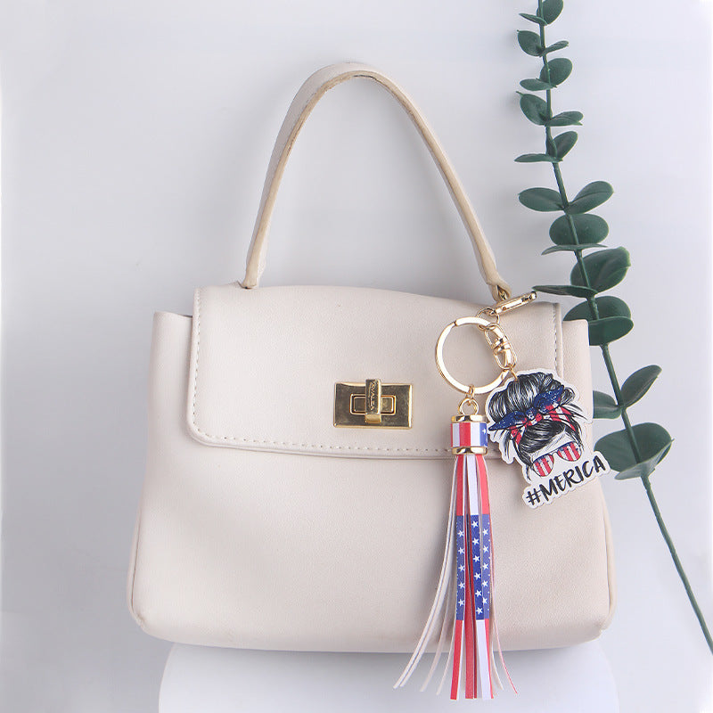 Wholesale American Independence Day Wooden Sign Tassel Keychain ACC-KC-GuangTian055