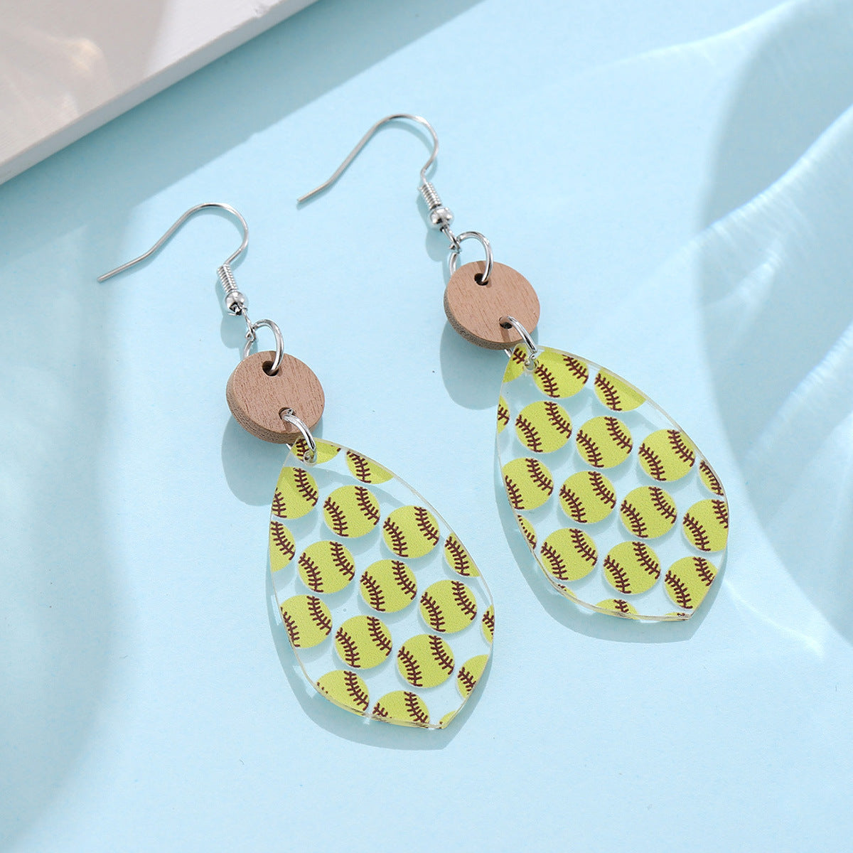 Wholesale Sports style yellow and white baseball softball water drop stitching earrings