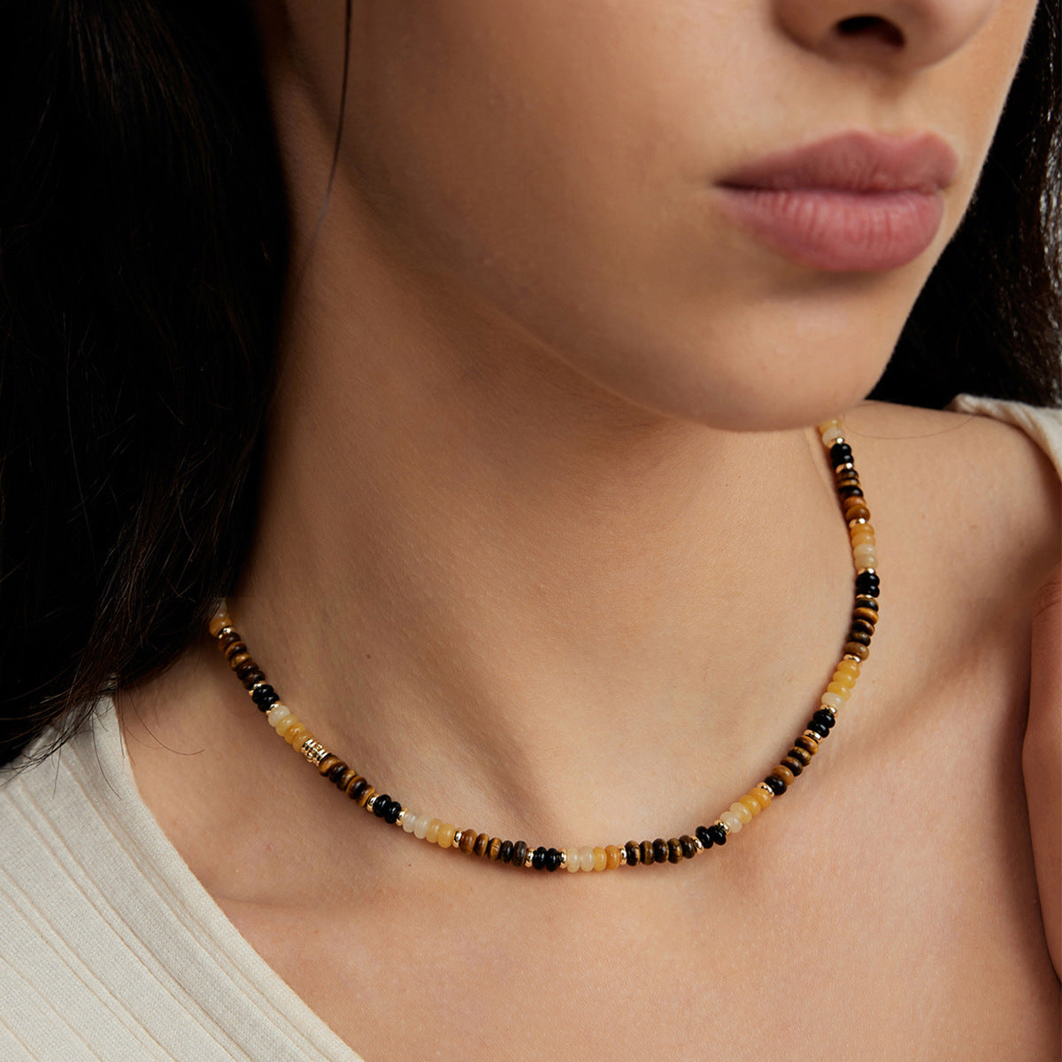 Wholesale Titanium Steel Natural Stone Tiger Eye Agate Lucky Beaded Necklace