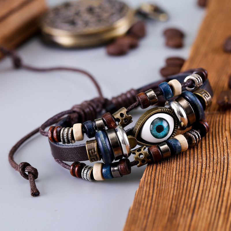 Wholesale Vintage Multi-layered Cowhide Eye Braided Bracelet Leather Layered Bracelet Set ACC-BT-Pufei004