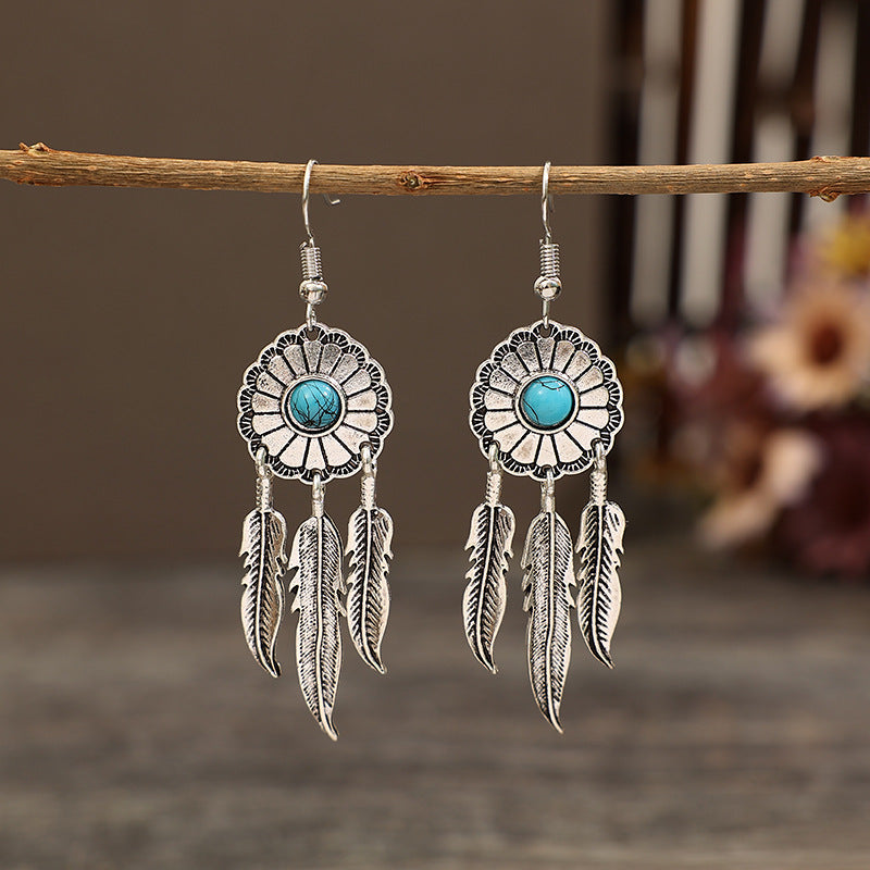 Wholesale Electroplated Alloy Retro Turquoise Dreamcatcher Feather Tassel Earrings Fashion Accessory