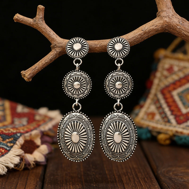 Wholesale Alloy Ancient Silver Long Drop Earrings Retro Western Ethnic Style Jewelry Accessory for Everyday Wear