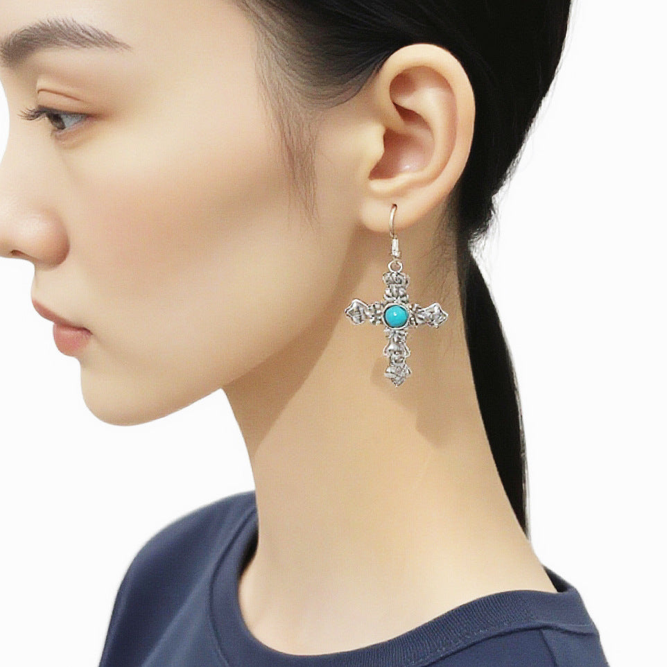 Wholesale Retro Cross Turquoise Rune Earrings Fashion Jewelry Accessory Gift