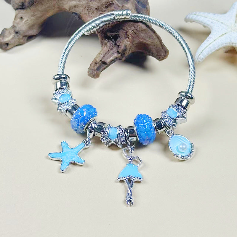 Wholesale Diamond Open Bracelet Stainless Steel Ocean Style Pendant Beaded Bracelet