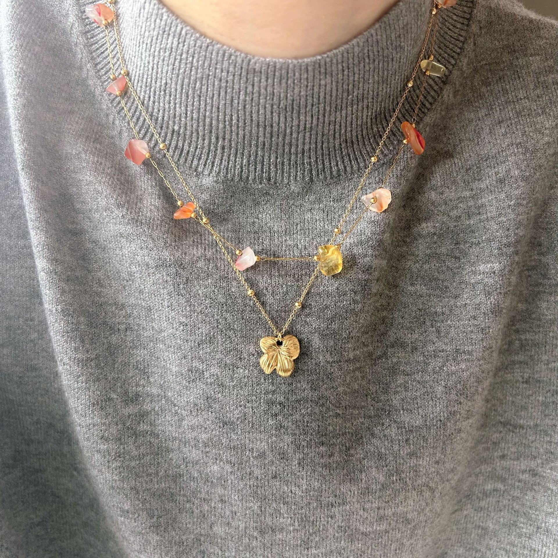 Wholesale Stainless Steel Irregular Natural Stone Beaded  Leaf Pendant Chain Necklaces