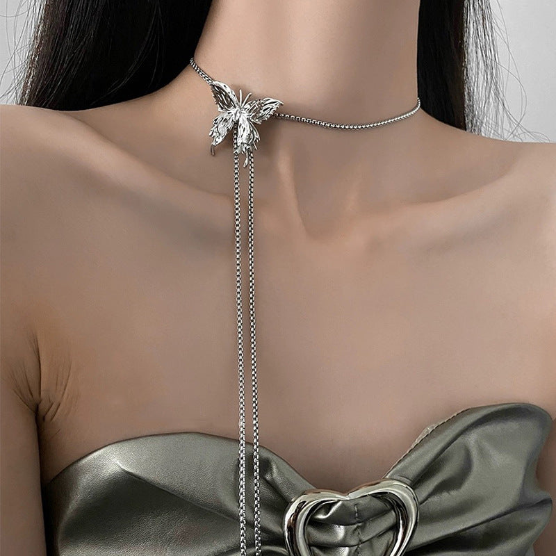 Wholesale Stainless steel Long Drawable Three-dimensional Butterfly Necklace