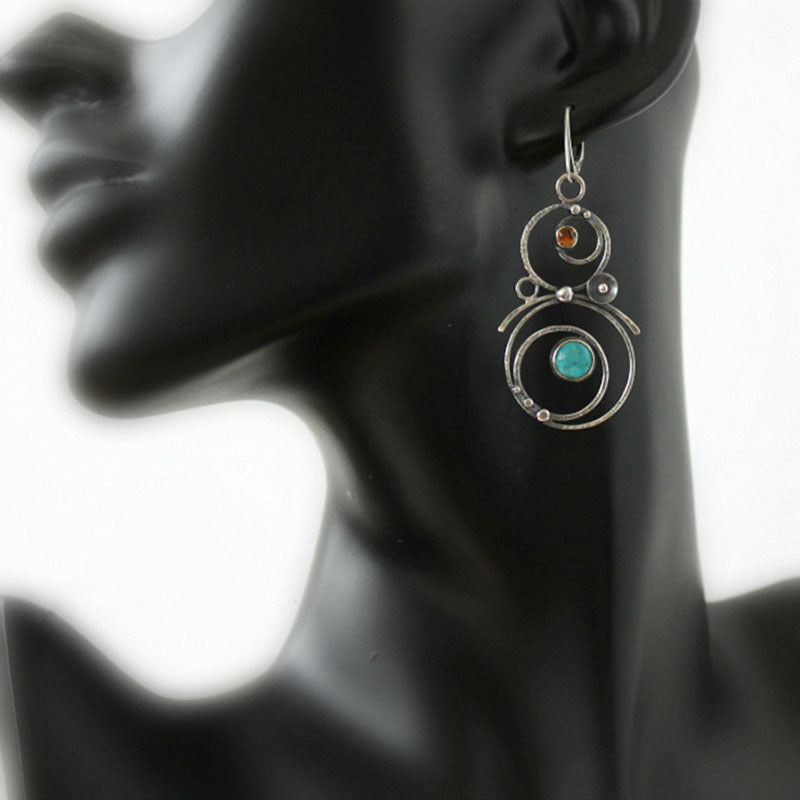 Wholesale Vintage Round Hollow Blue Natural Stone Earrings Silver Metal Geometric Design Fashion Jewelry Accessory