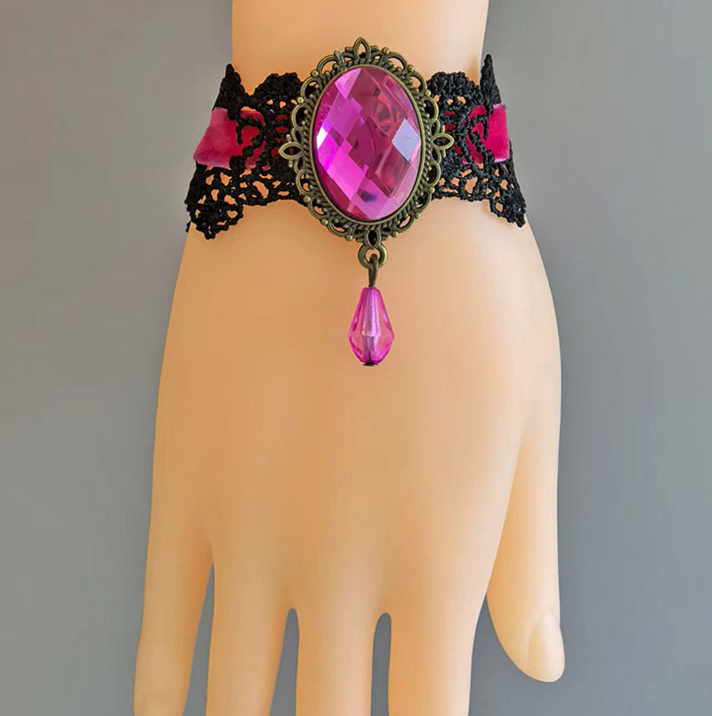 Wholesale Gothic Victorian Lace Bracelet with Red Crystal Pendant,  Chic Jewelry Accessory