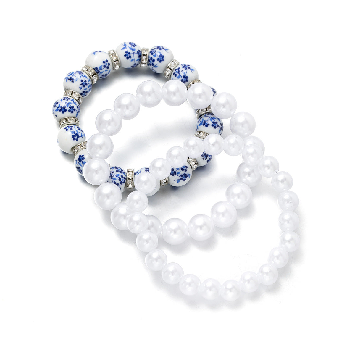 Wholesale Acrylic Diamond Blue and White Ceramic Pearl Beaded Elastic Bracelet