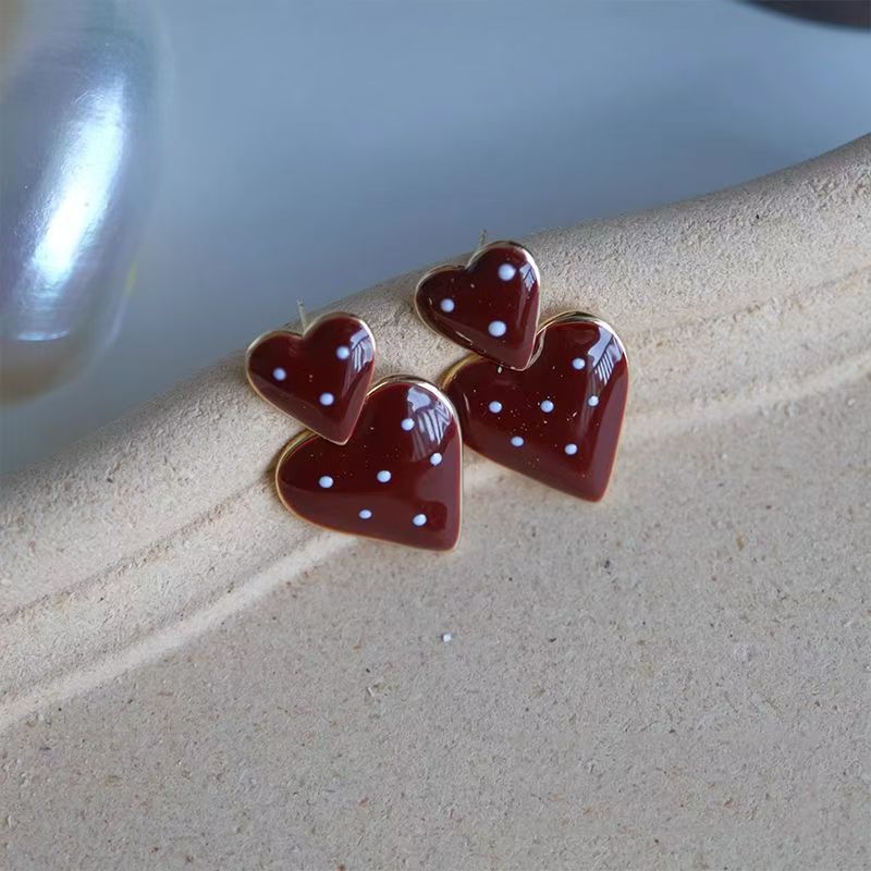 Wholesale Red Polka Dot Double Heart Earrings