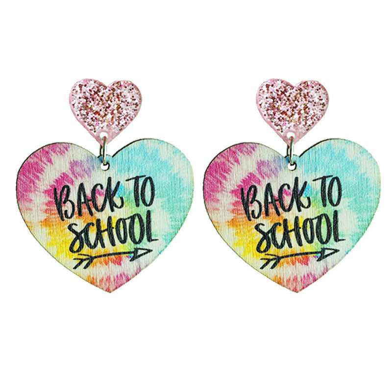 Wholesale 2 Pairs/Pack Back To School Season Shiny Pencil School Bus Tie-Dye Love Wood Earrings ACC-ES-HY097