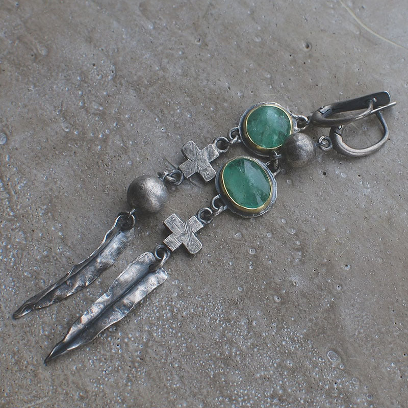 Wholesale Green stone earrings punk cross feather metal pendant tassel earrings