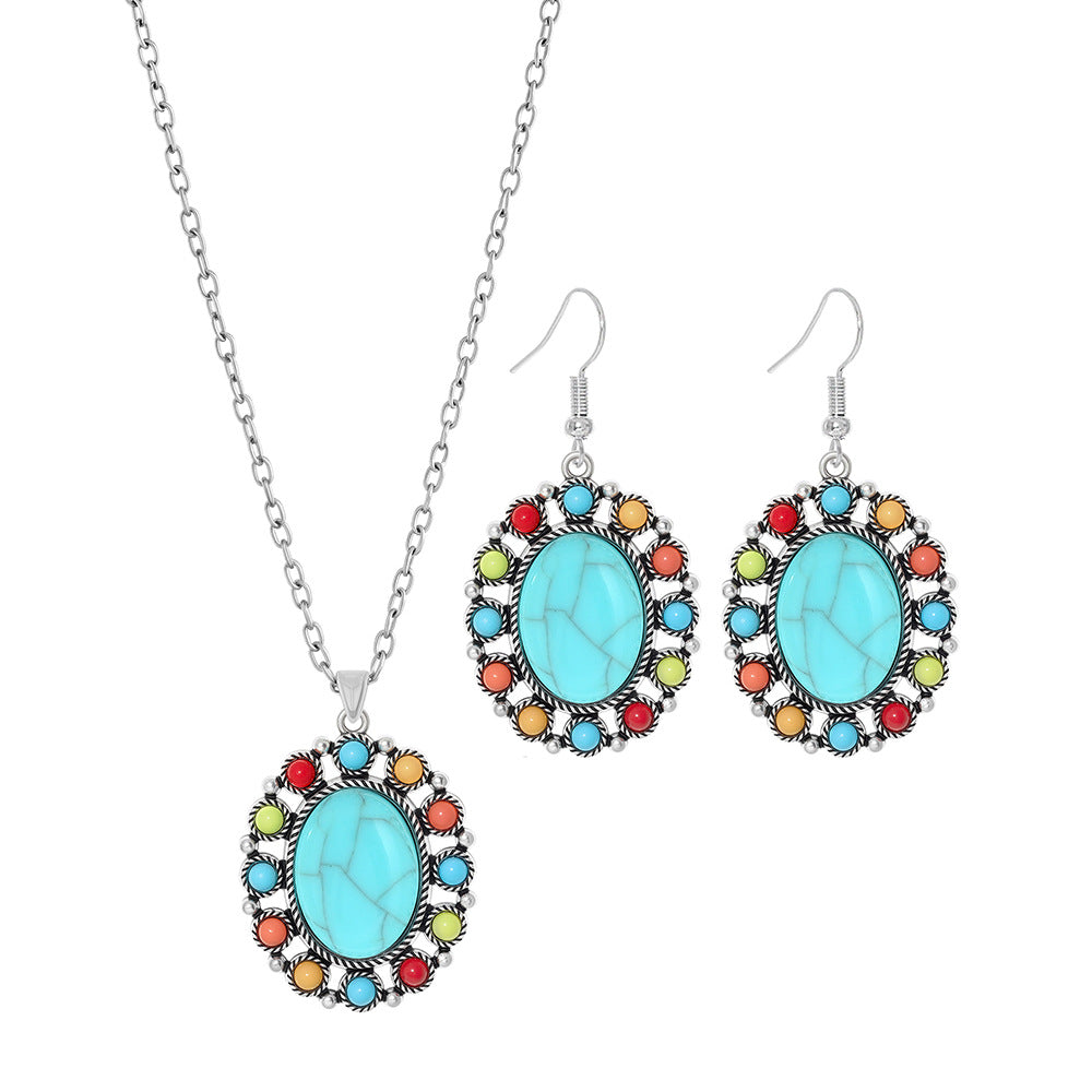 Wholesale Vintage Ethnic Turquoise Necklace Earrings Set Zinc Alloy Jewelry Accessory