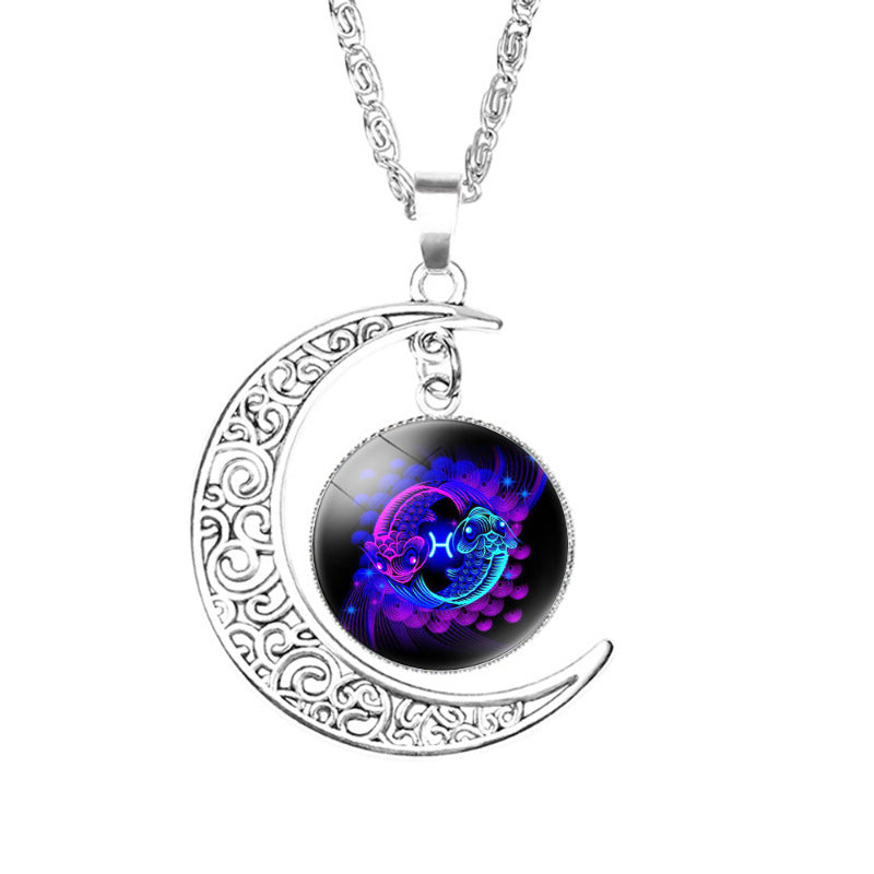 Wholesale Twelve Constellation moon necklace Time Gem crescent moon pendant with chain