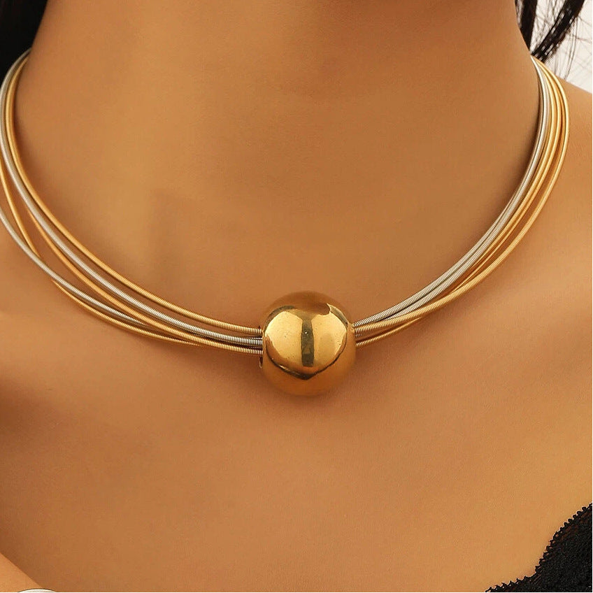 Wholesale Gold Tone Punk Style Multi Layer Chain Necklace And Bracelet Set Geometric Ball Pendant Fashion Jewelry For Gift