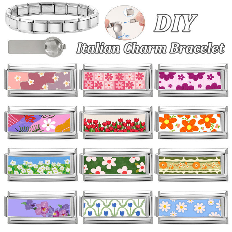 Wholesale 9mm Italian Charm Starter Bracelets DIY Flower Long Bracelet Stainless Steel Composable Bracelet