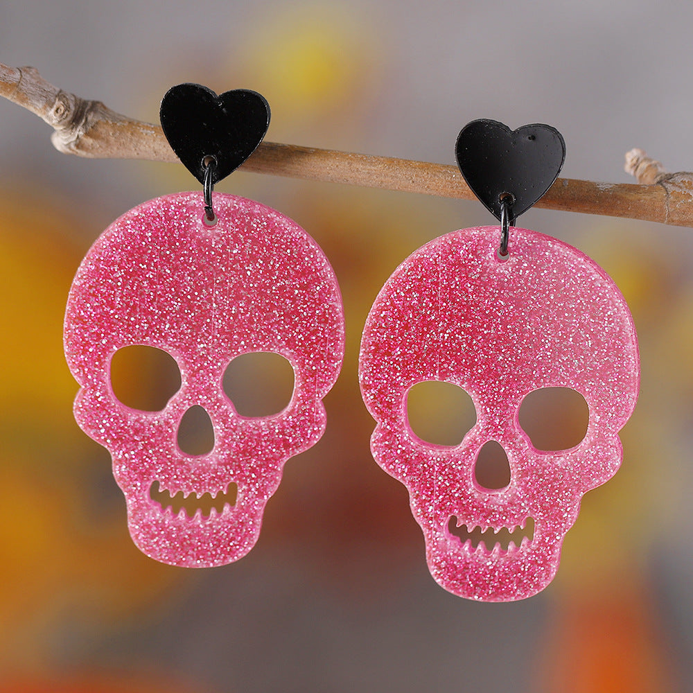 Wholesale Halloween Pink Skull Sequin Acrylic Hollow Earrings ACC-ES-ChuLian071