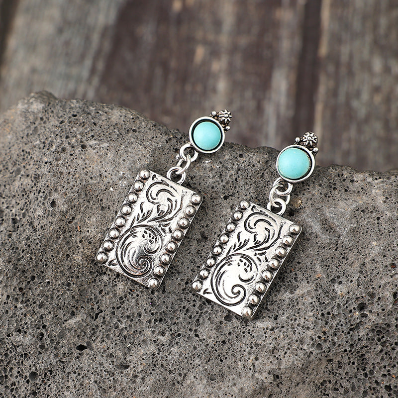 Wholesale Alloy Vintage Carved Square Turquoise Earrings for Women - Bohemian Style Jewelry Accessory