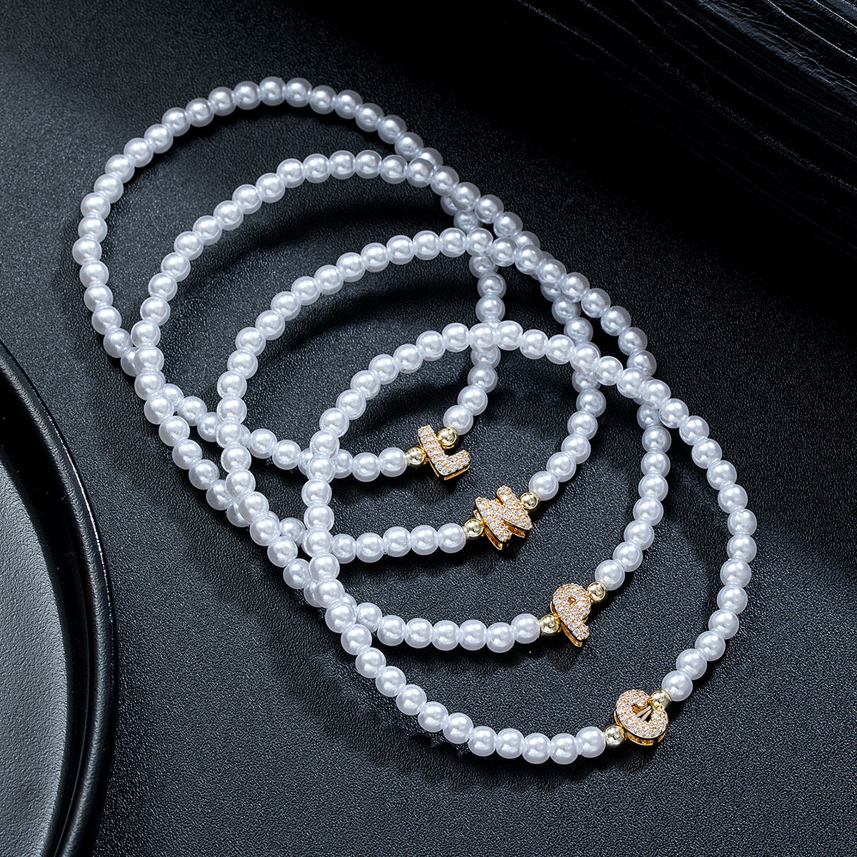 Wholesale Brass inlaid zirconium letter pearl beaded elastic anklet