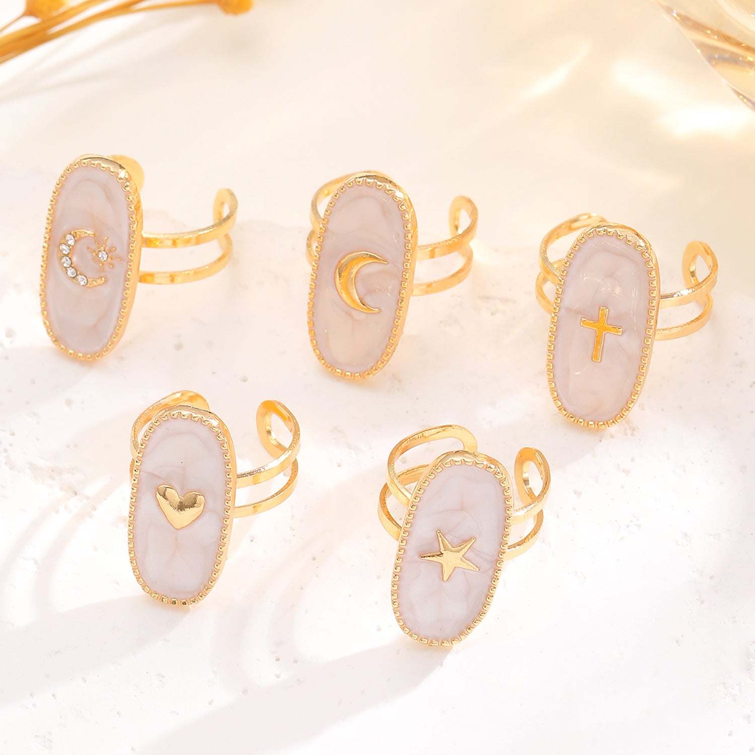 Wholesale Drip Oil Geometric Star Cross Moon Heart Open Ring Fashion Jewelry Accessory