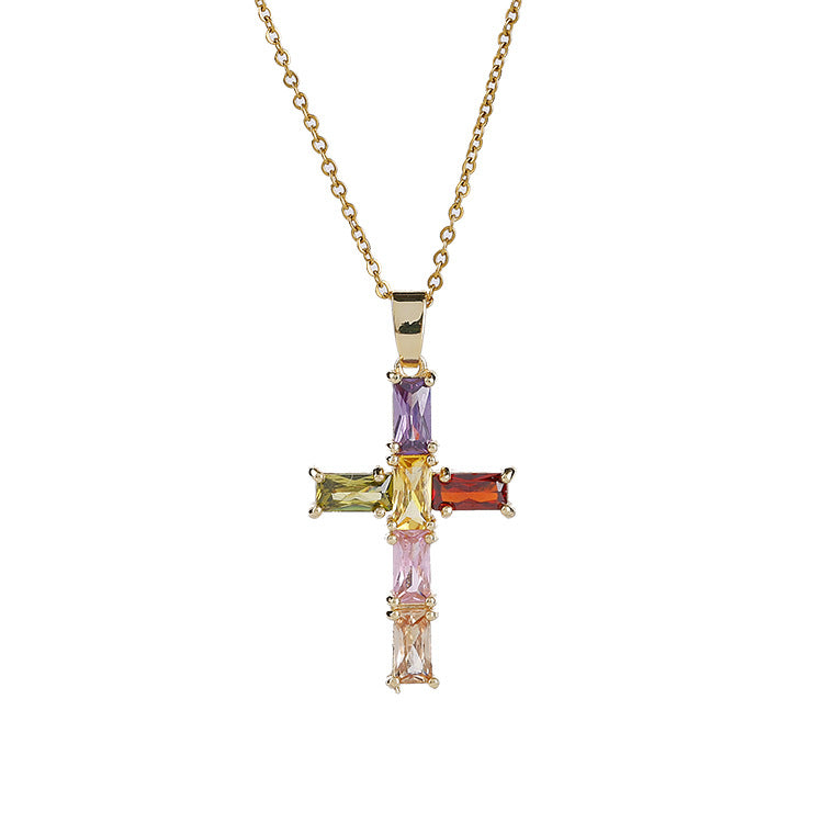 Wholesale Copper Electroplated Colorful Zircon Cross Pendant Necklace Stylish Hip Hop Fashion Jewelry Accessory Trendy Gift For Everyday Wear