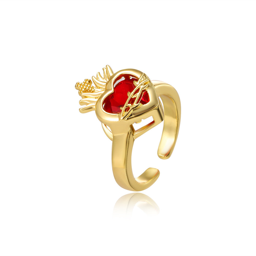 Wholesale Stylish Crown Heart Zircon Open Ring For Women Red Copper Fashion Jewelry Accessory For Everyday Wear And Boutique Resale