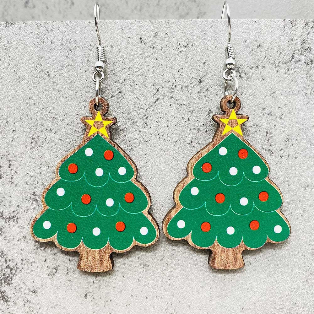 Wholesale Christmas Leopard Print Lights Christmas Tree Wood Earrings ACC-ES-ChenY086