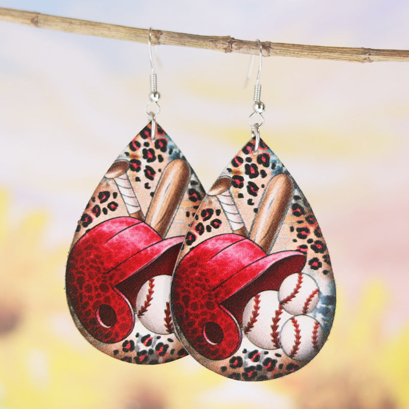 Wholesale  Baseball Leopard Print Women Teardrop Shape PU Leather Earrings