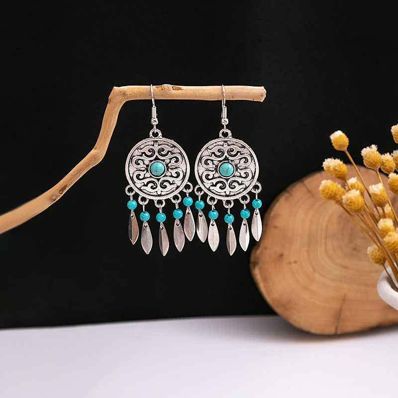 Wholesale Retro Ethnic Style Blue Turquoise Hollow Ring Flower Tassel Earrings Jewelry Accessory