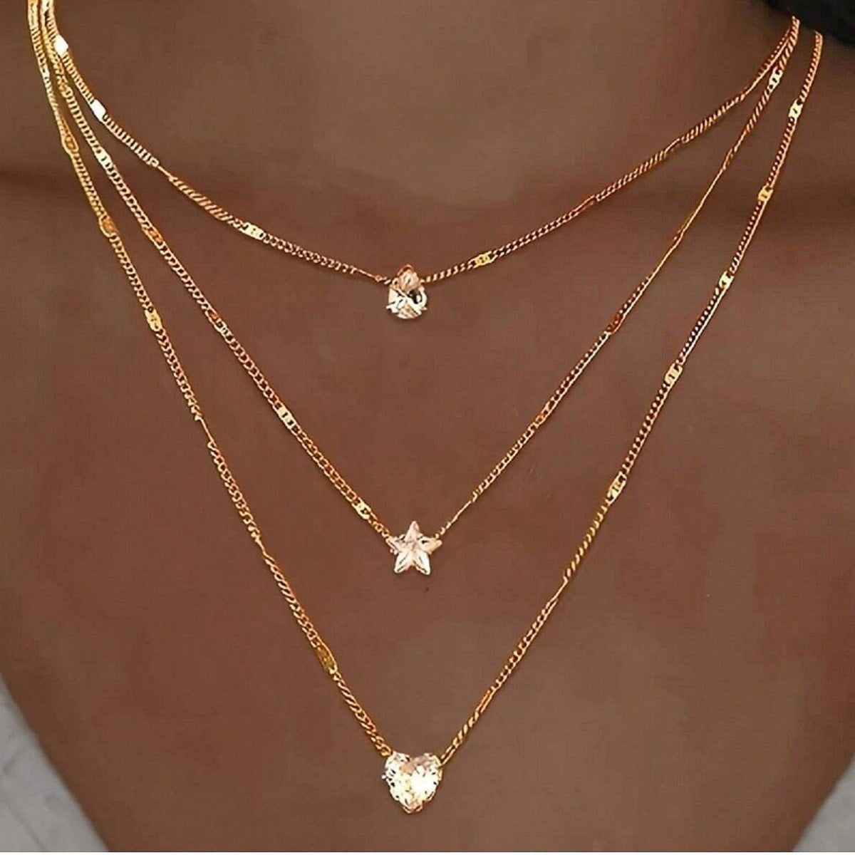 Wholesale Gold Tone Iron Layered Necklace Heart Star Water Drop Design Minimalist Chic Fashion Jewelry Accessory For Women