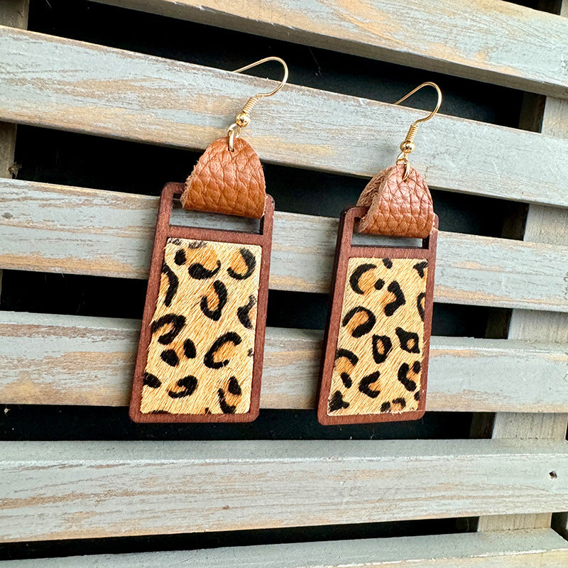 Wholesale Western Style Genuine Leather Earrings, Leopard Print Cow Pattern Geometric Hollow Earrings ACC-ES-XinChuan003