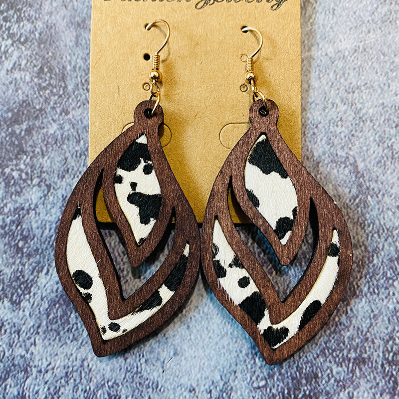 Wholesale  Western retro wooden earrings leopard print milk pattern inlaid earrings