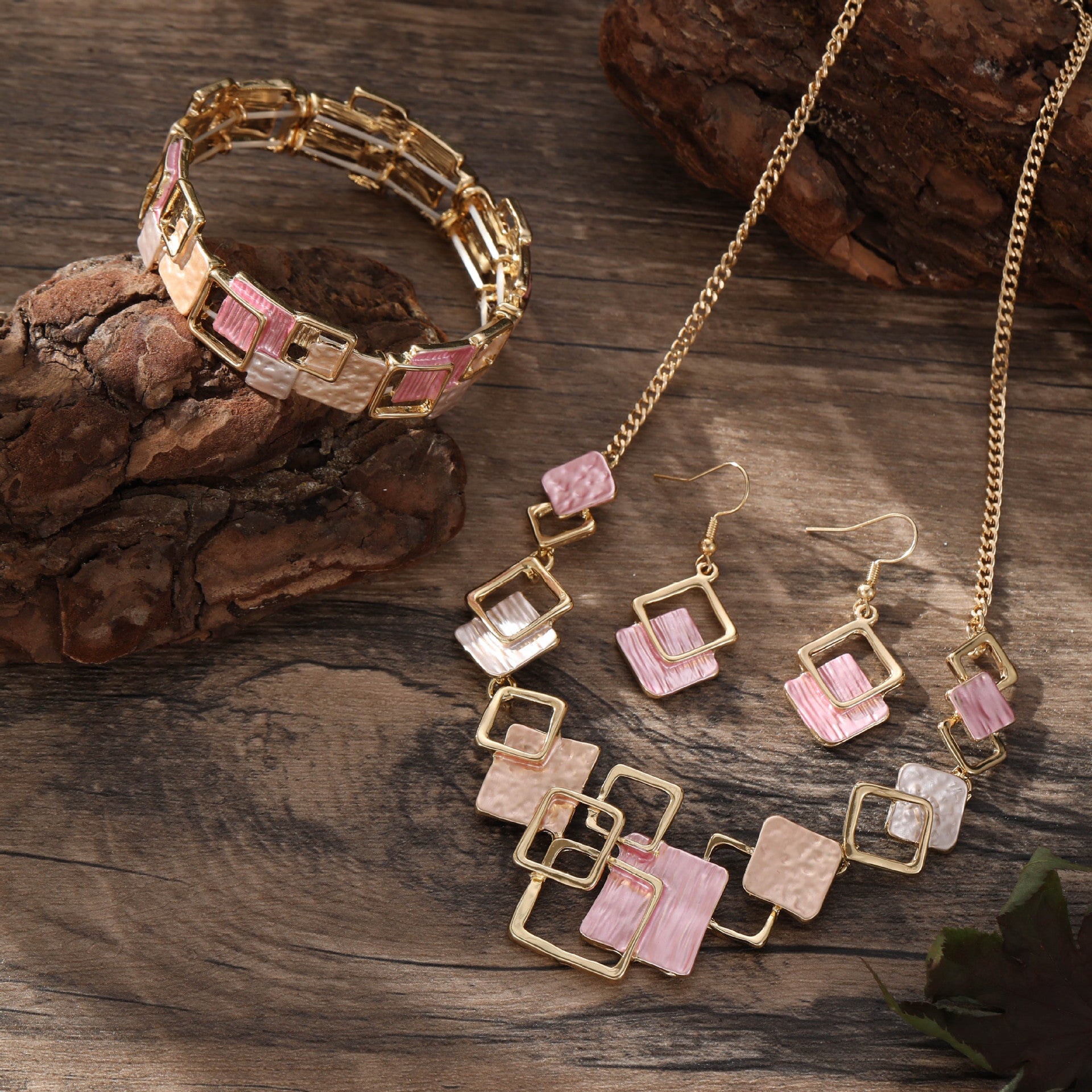 Wholesale  Colorful Oil Painting Geometric Square Earrings Bracelet Necklace Suit