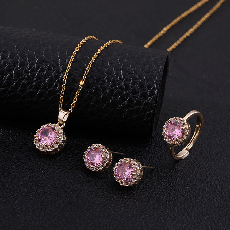 Wholesale Geometric Gold Plated Colored Zircon Jewelry Set Necklace Ring Earrings Boutique Resale