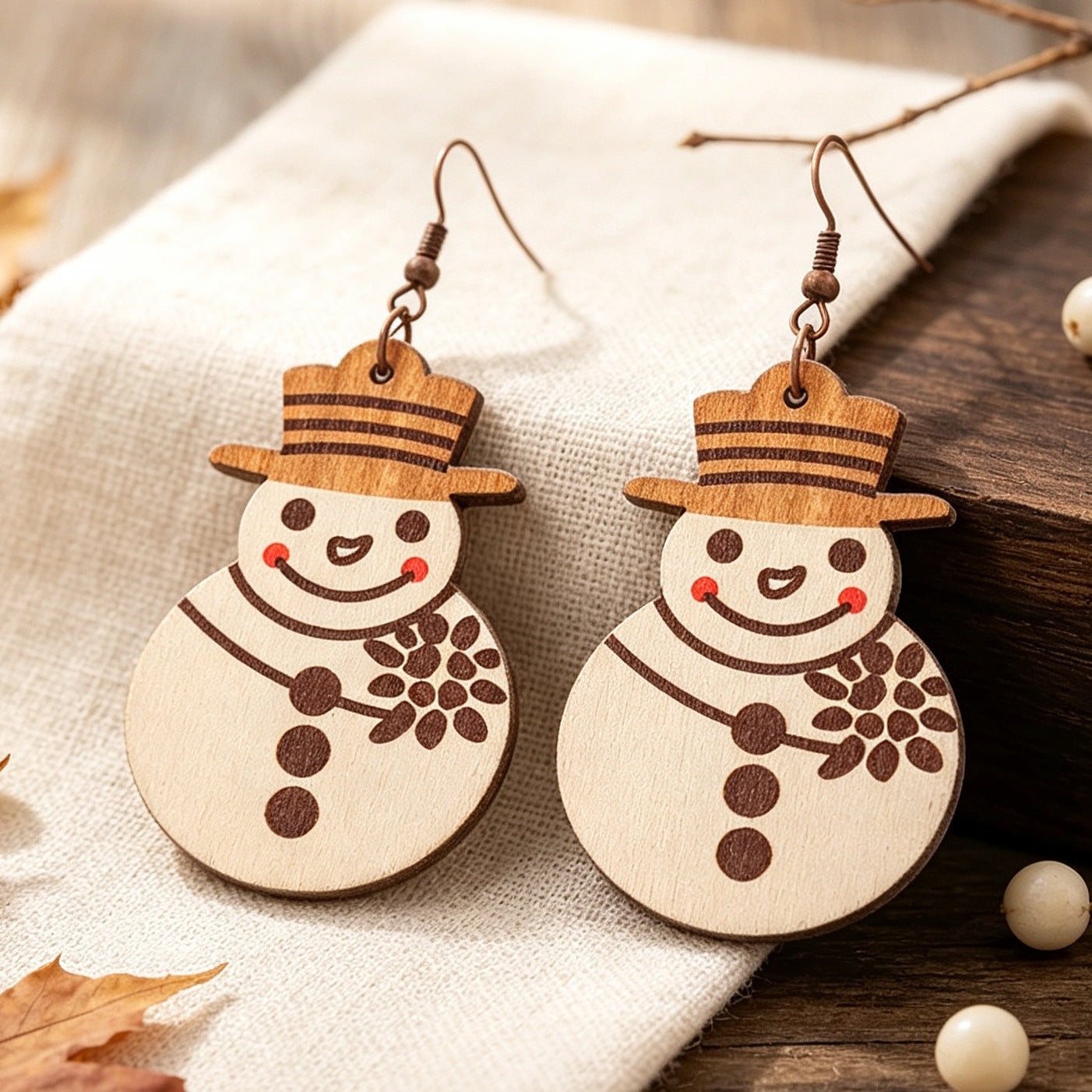 Wholesale Christmas Cartoon Snowman Wooden Earrings Smiling Snowman With Hat And f Holiday Party Jewelry Gift
