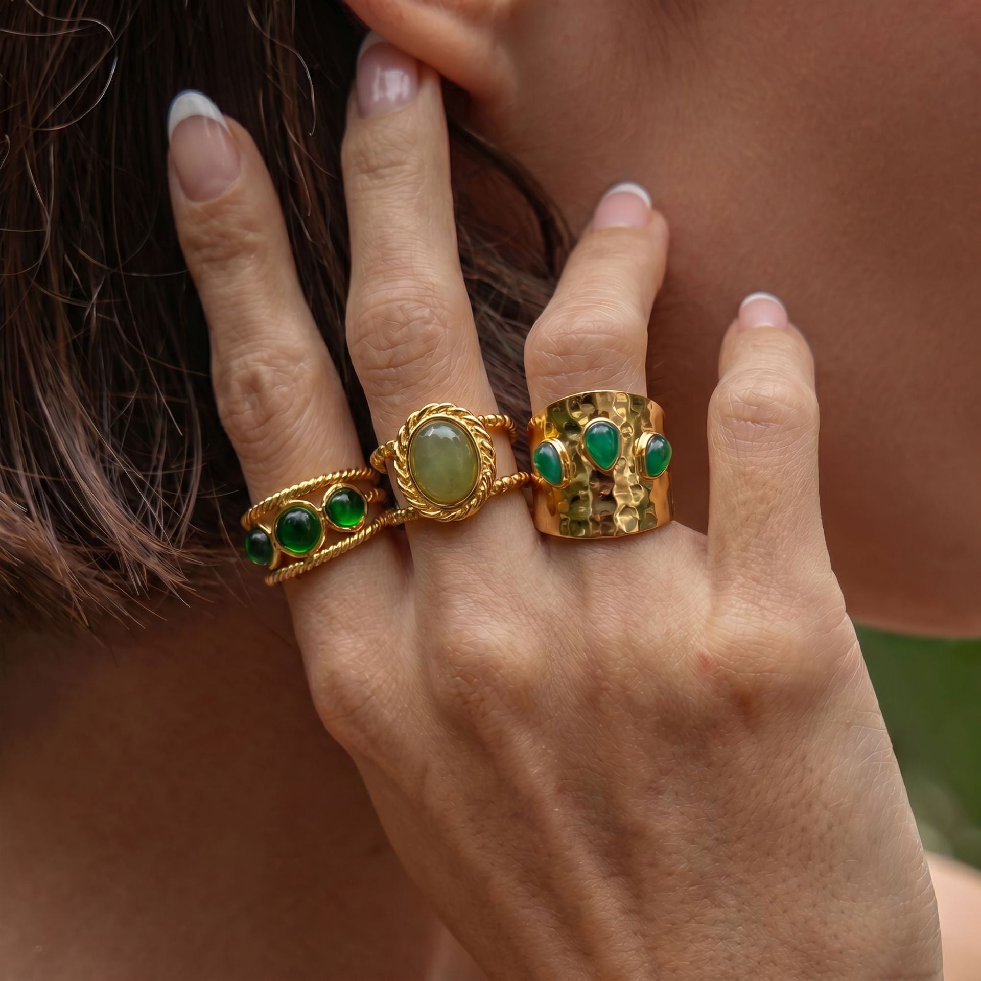 Wholesale 18k Gold Plated Stainless Steel Malachite Ring Vintage Stackable Jewelry Accessory