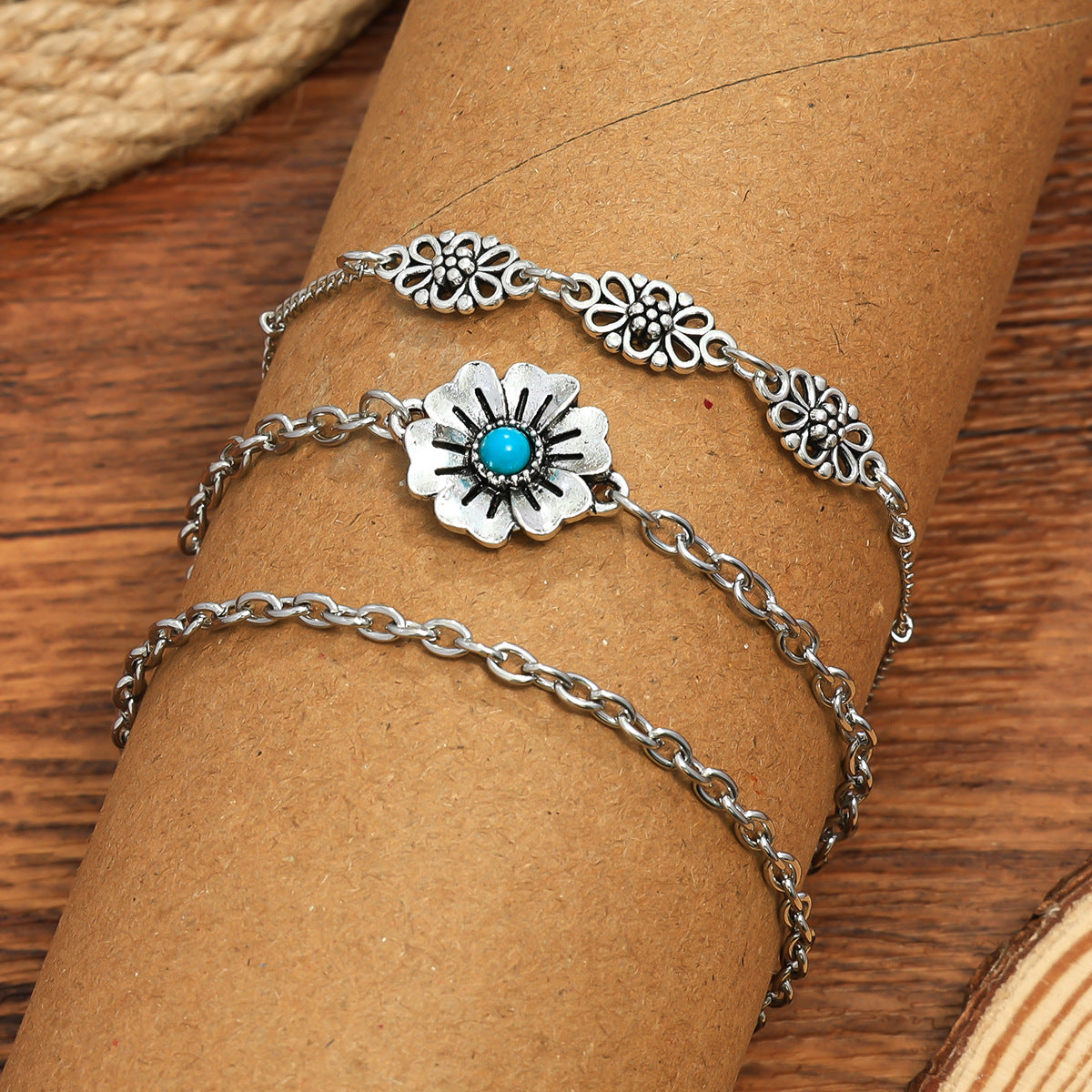 Wholesale Bohemian Turquoise Carved Hollow Flower Bracelet 3-Piece Set