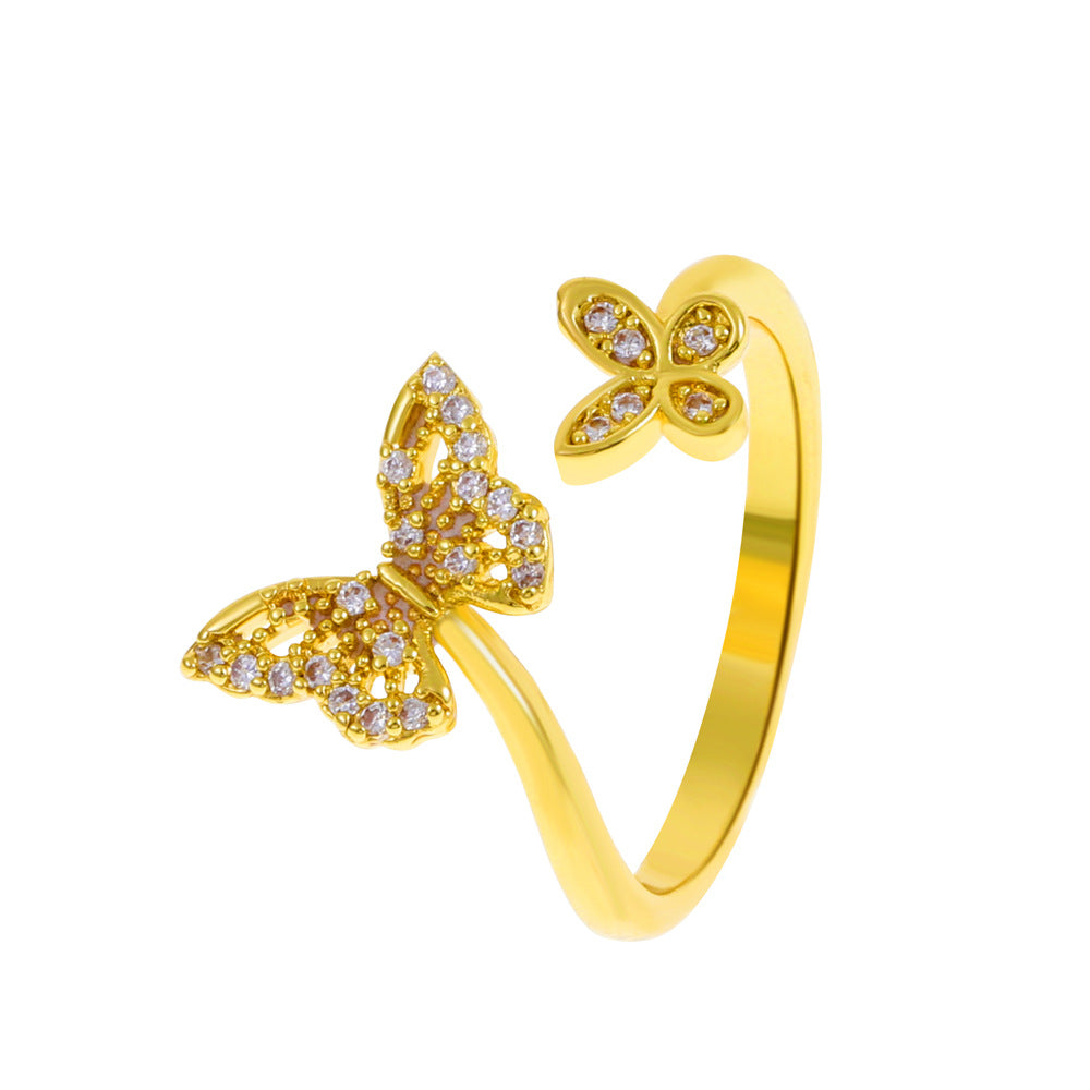 Wholesale Simple Butterfly Copper Diamond  Geometric Opening Finger Ring