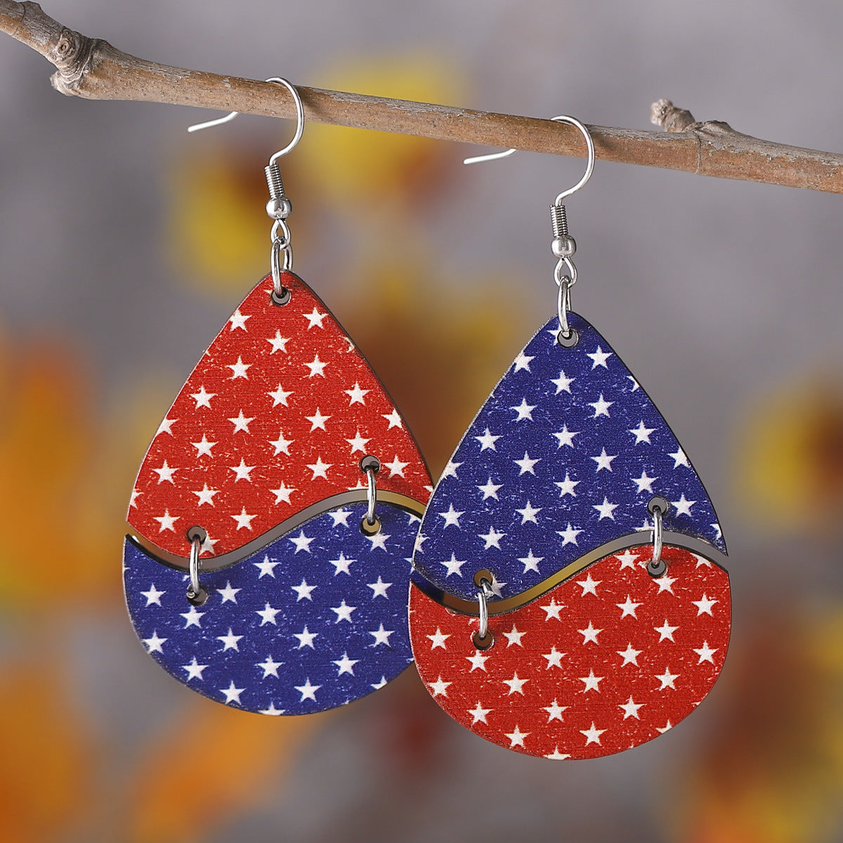 Wholesale of American Independence Day Red, White, Blue Striped Star Ice Cream Patchwork Wooden Double-sided Earrings ACC-ES-ChuLian009