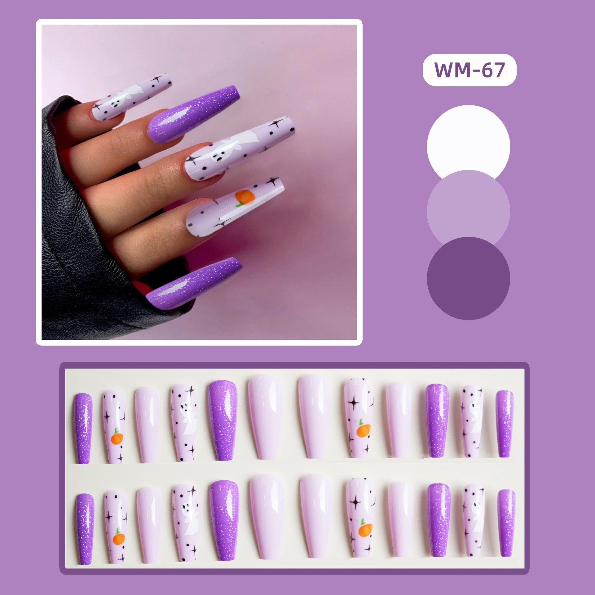Wholesale 24 Pieces/ box  Purple Glitter Ghost Nails Kits Nail Stickers