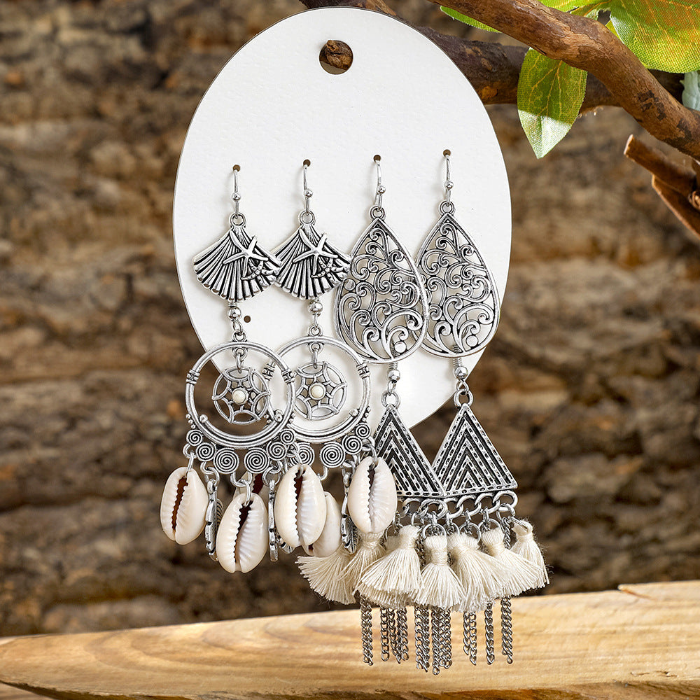 Wholesale Turquoise Tassel Earrings Set - Bohemian Ethnic Style