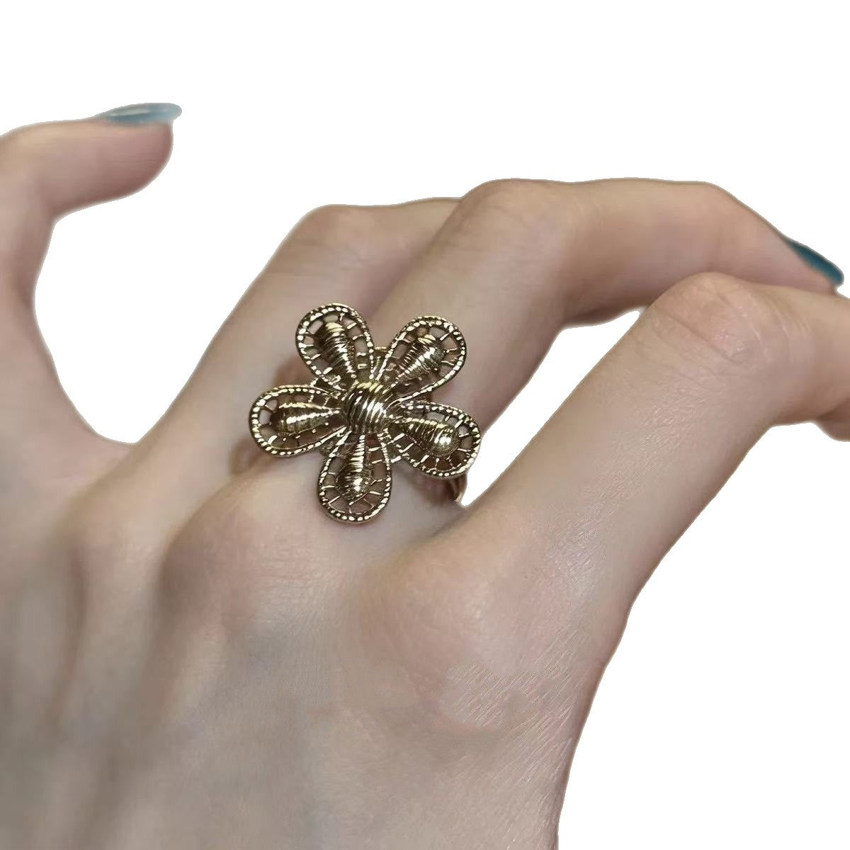Wholesale Vintage Coffee Gold Hollow Open Ring Zinc Alloy Pearl Flower Design Jewelry Accessory