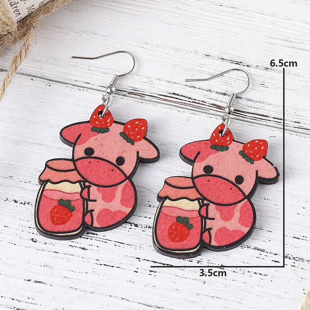 Wholesale Cute Cartoon Strawberry Cow Double-sided Wooden Earrings