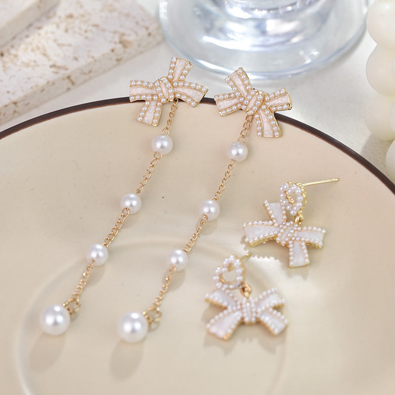 Wholesale Pearl Tassel Bow S925 Silver Needle Alloy Earrings ACC-ES-RuLong006