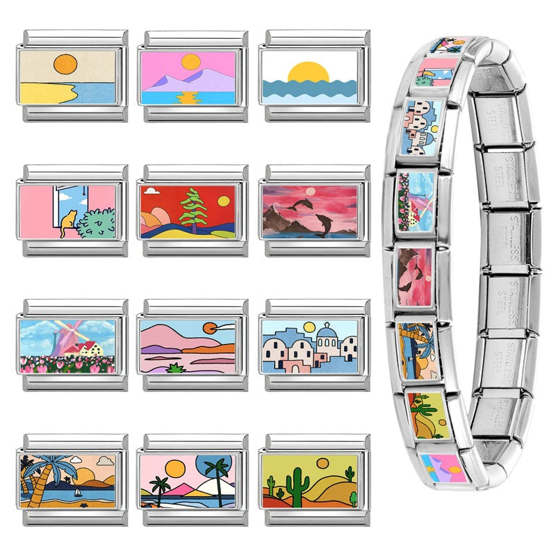 Wholesale Landscape Pattern Stainless Steel Interlocking Module Bracelet DIY Fashion Accessory