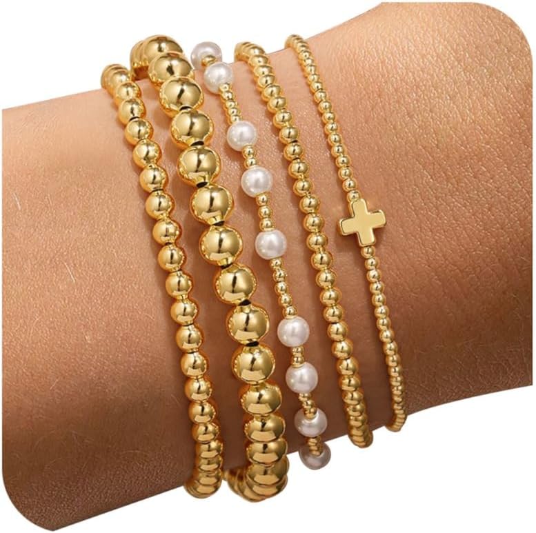 Wholesale Women' s Gold-Plated Contion Pearl Bead Elastic Bracelet Set - Fashion Jewelry Accessory