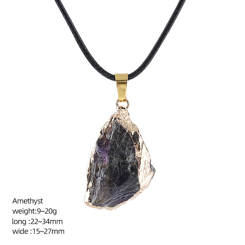 Wholesale Natural Crystal Raw Stone Pendant Necklace with Leather Rope Chain Irregular Hand-Hammered Electroplated Fashion Jewelry