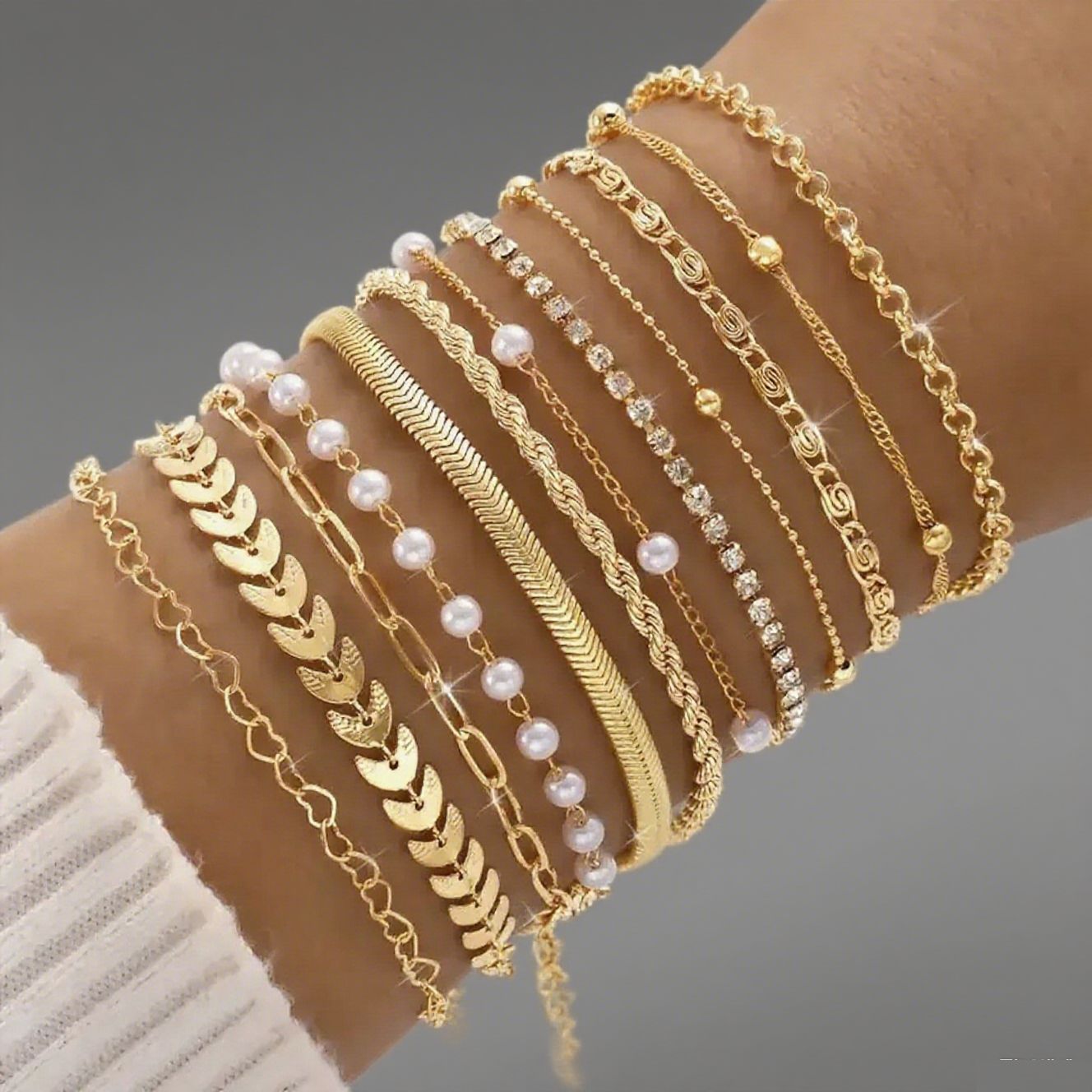 Wholesale Gold Tone 12 Piece Bracelet Set With Airplane Pearl Heart Designs Trendy Resale Jewelry Accessory