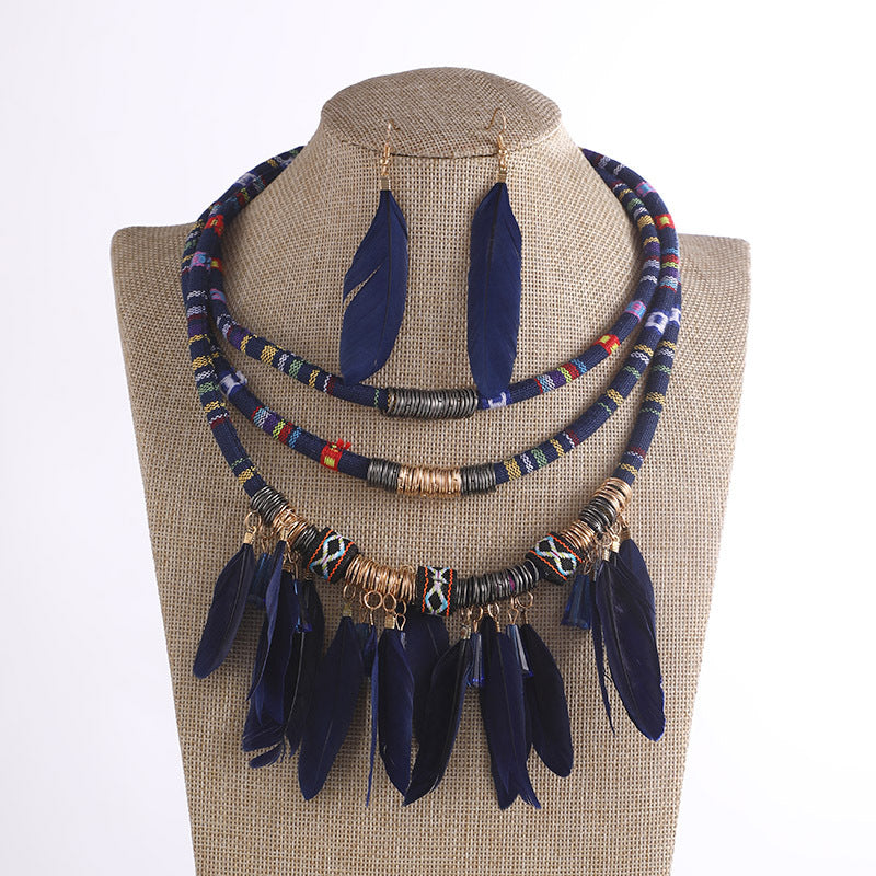 Wholesale  Feather Necklace Multi-Layer Vintage Ethnic Style Bohemian Necklace